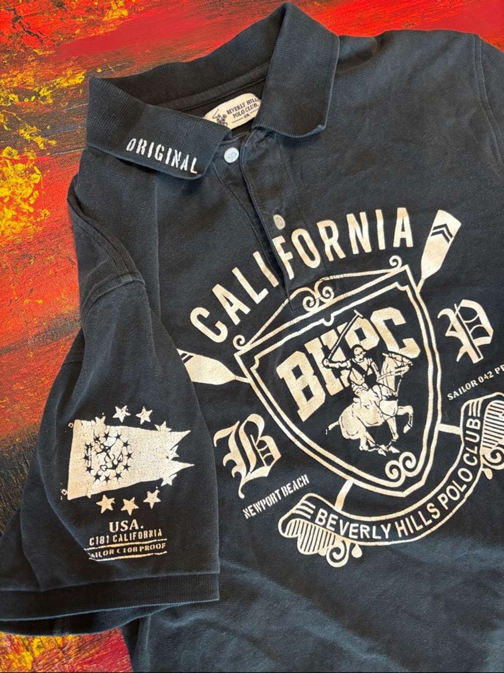 Beverly Hills Polo Club Black multi Graphic California Polo
